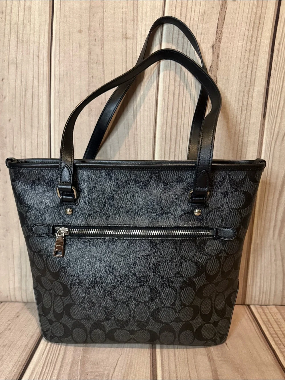Coach Signature Logo Tote Bag Black Double Handles Silver Hardware